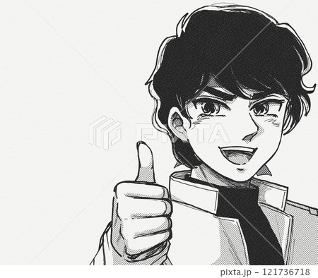 昭和アニメの熱血ヒーローがいいねするイラスト・バナーサイズ 121736718