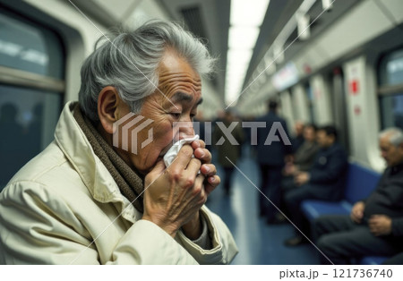 Asian elderly man sneezing in a tissue in a subway car. 121736740