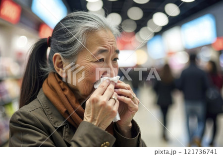 Elderly Asian woman sneezing in a tissue in the shopping mall. 121736741