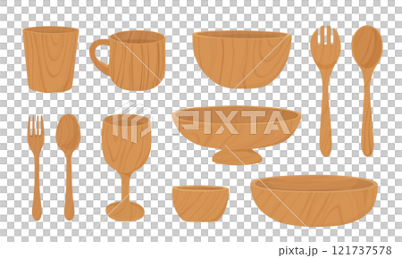 Illustration of a wooden cup, spoon, fork and salad bowl 121737578