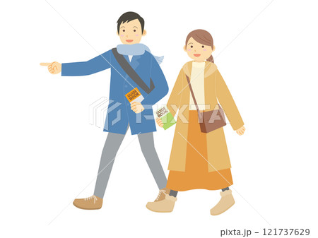 冬に観光をする男女のイラストのイメージ 121737629