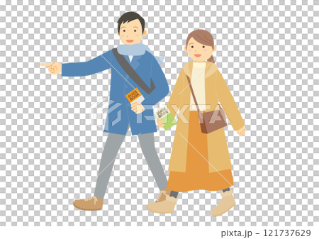 冬に観光をする男女のイラストのイメージ 121737629