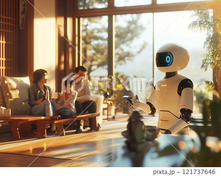 家族と家庭用ロボットが共存する未来のリビング 121737646