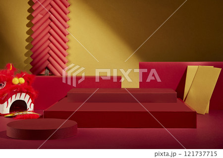 In front of a red lion dancing head, yellow envelopes, firecrackers, and product displays on some empty red platforms, all set against a golden backdrop. A traditional Chinese New Year motif. In front of a red lion dancing head, yellow envelopes, firecrackers, and product displays on some empty red platforms, all set against a golden backdrop. A traditional Chinese New Year motif. 121737715