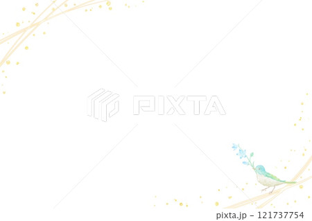 青い小鳥が花をプレゼントする爽やかなフレーム。水彩イラスト。 121737754