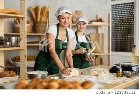 Two bakers knead dough in a bakery Two bakers knead dough in a bakery 121738312