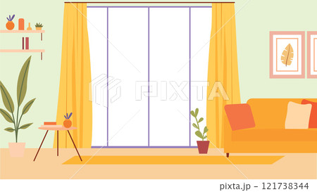 Living Room Interior Landscape Illustration with Sofa Couch and Window on Yellow Wall Background 121738344