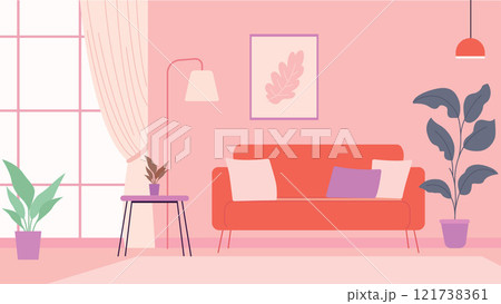 Living Room Interior Landscape Illustration with Sofa Couch and Plant on Pink Wall Background 121738361