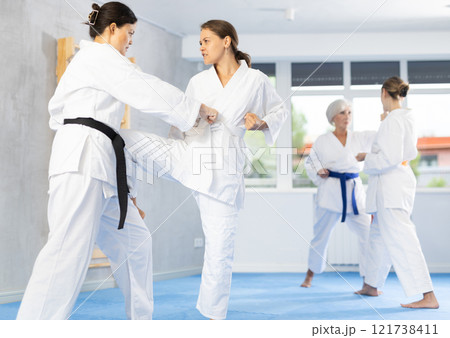 Karate lessons in the gym - women in pairs train punches and kicks in gym 121738411