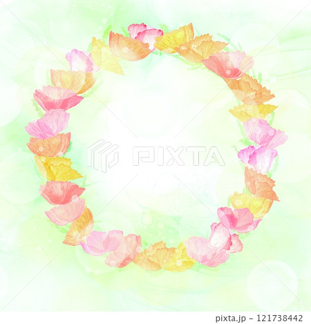 緑色背景のカラフルな花輪の水彩イラスト。さわやかな雰囲気のお祝い向けフレーム。 緑色背景のカラフルな花輪の水彩イラスト。さわやかな雰囲気のお祝い向けフレーム。 121738442