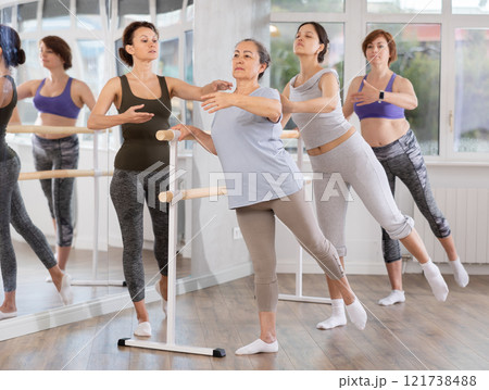 Choreographer coach teaches amateur students to keep their heads straight during ballet lesson 121738488