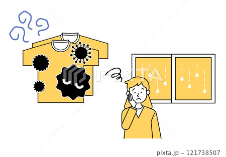 部屋干しで生乾きになる洗濯物に悩む女性のベクターイラスト素材 梅雨 生乾き臭 シンプル かわいい 部屋干しで生乾きになる洗濯物に悩む女性のベクターイラスト素材 梅雨 生乾き臭 シンプル かわいい 121738507