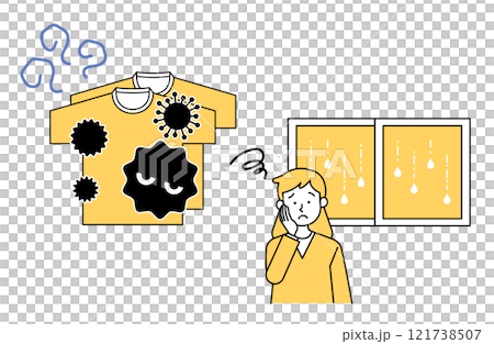 部屋干しで生乾きになる洗濯物に悩む女性のベクターイラスト素材 梅雨 生乾き臭 シンプル かわいい 部屋干しで生乾きになる洗濯物に悩む女性のベクターイラスト素材 梅雨 生乾き臭 シンプル かわいい 121738507