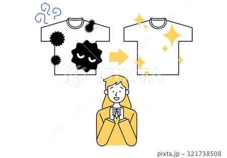 汚れた洗濯物がきれいになって喜ぶ女性のベクターイラスト素材 ウィルス 部屋干し 生乾き臭 梅雨 6月 121738508