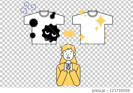 汚れた洗濯物がきれいになって喜ぶ女性のベクターイラスト素材 ウィルス 部屋干し 生乾き臭 梅雨 6月 121738508