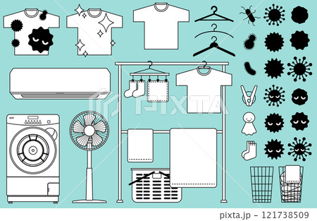 洗濯物・部屋干しに関するベクターイラスト素材セット アイコン 洗濯機 シンプル 線画 白背景 扇風機 洗濯物・部屋干しに関するベクターイラスト素材セット アイコン 洗濯機 シンプル 線画 白背景 扇風機 121738509