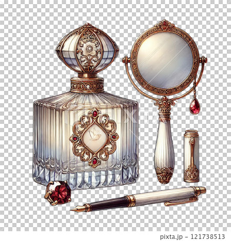 Decorative materials: Rococo-style perfume bottle, hand mirror, Generative AI 121738513