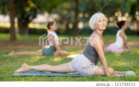 Aged lady in sportwear with group of sporty adult people training stretching workout legs at city park together 121738515