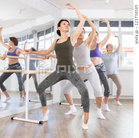 Group of female beginners performing plie at barre 121738585