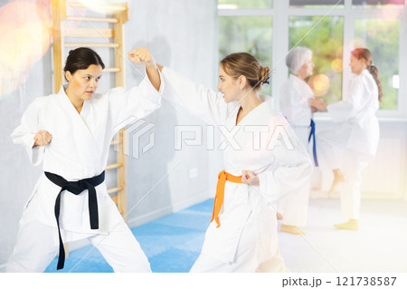 Karate lessons in the gym - women in pairs train punches and kicks in gym 121738587