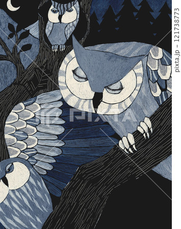 水彩で描いた、三日月の夜の森のミミズクのイラストレーション 水彩で描いた、三日月の夜の森のミミズクのイラストレーション 121738773