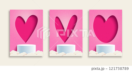 Set of Happy Valentine's Day greeting card. Trendy minimalist design with white Podium, clouds and 3D paper heart shape background. Paper art Vector Illustration. 121738789