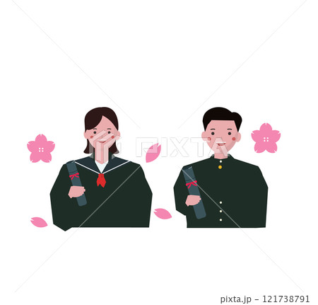 卒業式を迎える卒業生と卒業証書。3月の学校行事。子供。ベクターイラスト 卒業式を迎える卒業生と卒業証書。3月の学校行事。子供。ベクターイラスト 121738791