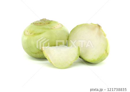 Fresh Kohlrabi Whole and Sliced on White Background Fresh Kohlrabi Whole and Sliced on White Background 121738835