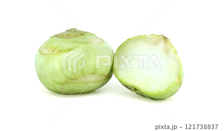 Fresh Green Kohlrabi Whole and Cut on White Background 121738837