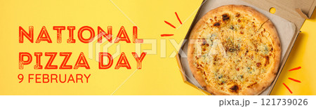 Pizza day, pizza with cuts on a yellow background 121739026