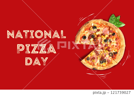 Pizza day, a pizza with an announcement on a red background 121739027