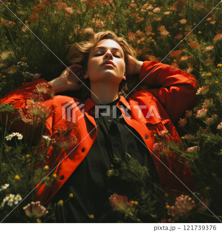 Young guy lying on a field with red flowers 121739376