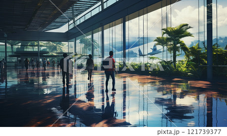 Silhouettes of people with suitcases at the airport 121739377