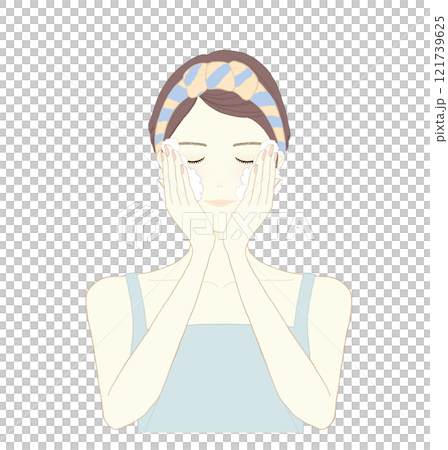 Woman washing her face with foam 121739625