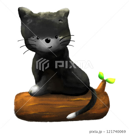 Black flurry cat sits on a trunk cartoon illustration, textured color animal drawing Black flurry cat sits on a trunk cartoon illustration, textured color animal drawing 121740069