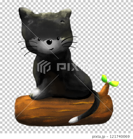 Black flurry cat sits on a trunk cartoon illustration, textured color animal drawing Black flurry cat sits on a trunk cartoon illustration, textured color animal drawing 121740069
