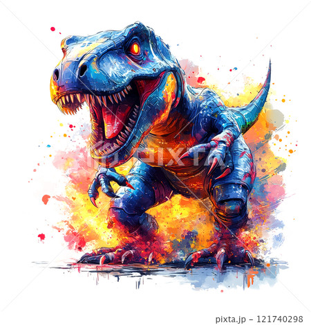 A vibrant, colorful T-Rex dinosaur in a dynamicのイラスト素材