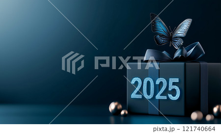反射する銀箔に包まれた未来的な2025年のホリデー・ギフト・ボックス	 121740664