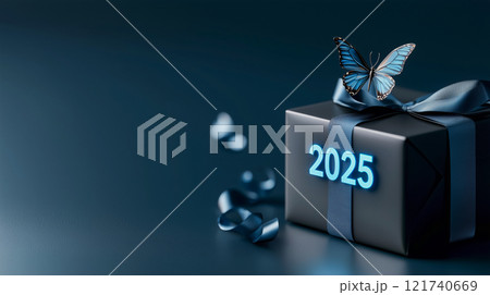 反射する銀箔に包まれた未来的な2025年のホリデー・ギフト・ボックス	 121740669