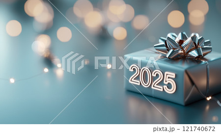 反射する銀箔に包まれた未来的な2025年のホリデー・ギフト・ボックス	 121740672