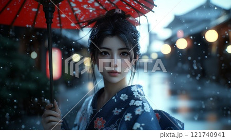 雪が降るなかで遠くを見ている着物姿の若い女性 雪が降るなかで遠くを見ている着物姿の若い女性 121740941