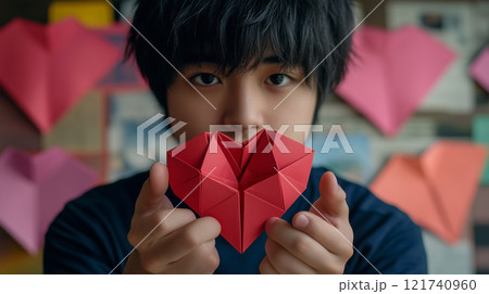 ハートの折り紙を手で包み込む男性の手のひら | 優しい光影 ハートの折り紙を手で包み込む男性の手のひら | 優しい光影 121740960