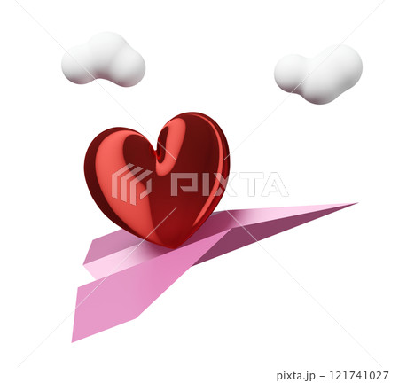 3d red heart with paper plane, cloud isolated. Happy valentine's day concept, 3d illustration render 3d red heart with paper plane, cloud isolated. Happy valentine's day concept, 3d illustration render 121741027