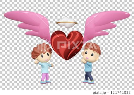 3d red heart wings flying with boy and girl, cloud, ring isolated. Happy valentine's day concept, 3d illustration render 3d red heart wings flying with boy and girl, cloud, ring isolated. Happy valentine's day concept, 3d illustration render 121741032