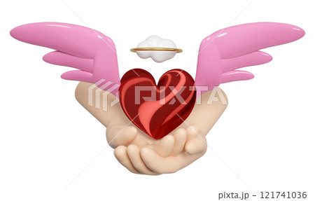 3d hands holding red heart wings flying with arrow, cloud, ring isolated. Happy valentine's day concept, 3d illustration render 121741036