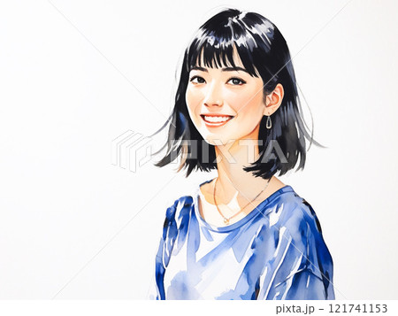 水彩風　横向きの笑顔の若い女性 121741153