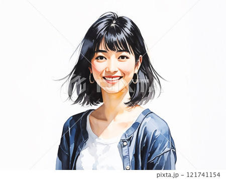 水彩風　ボブヘアの笑顔の若い女性 121741154