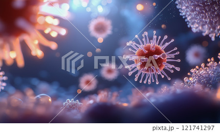 浮遊するウイルス粒子の顕微鏡写真 浮遊するウイルス粒子の顕微鏡写真 121741297