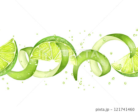 Limes seamless border with slices and peels. Fruit background 121741460