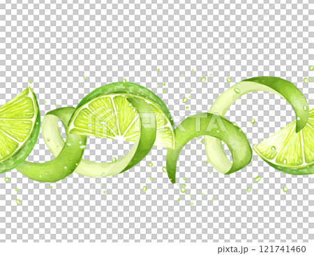 Limes seamless border with slices and peels. Fruit background 121741460